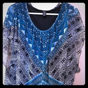 Teal, black & white dress top. ECU